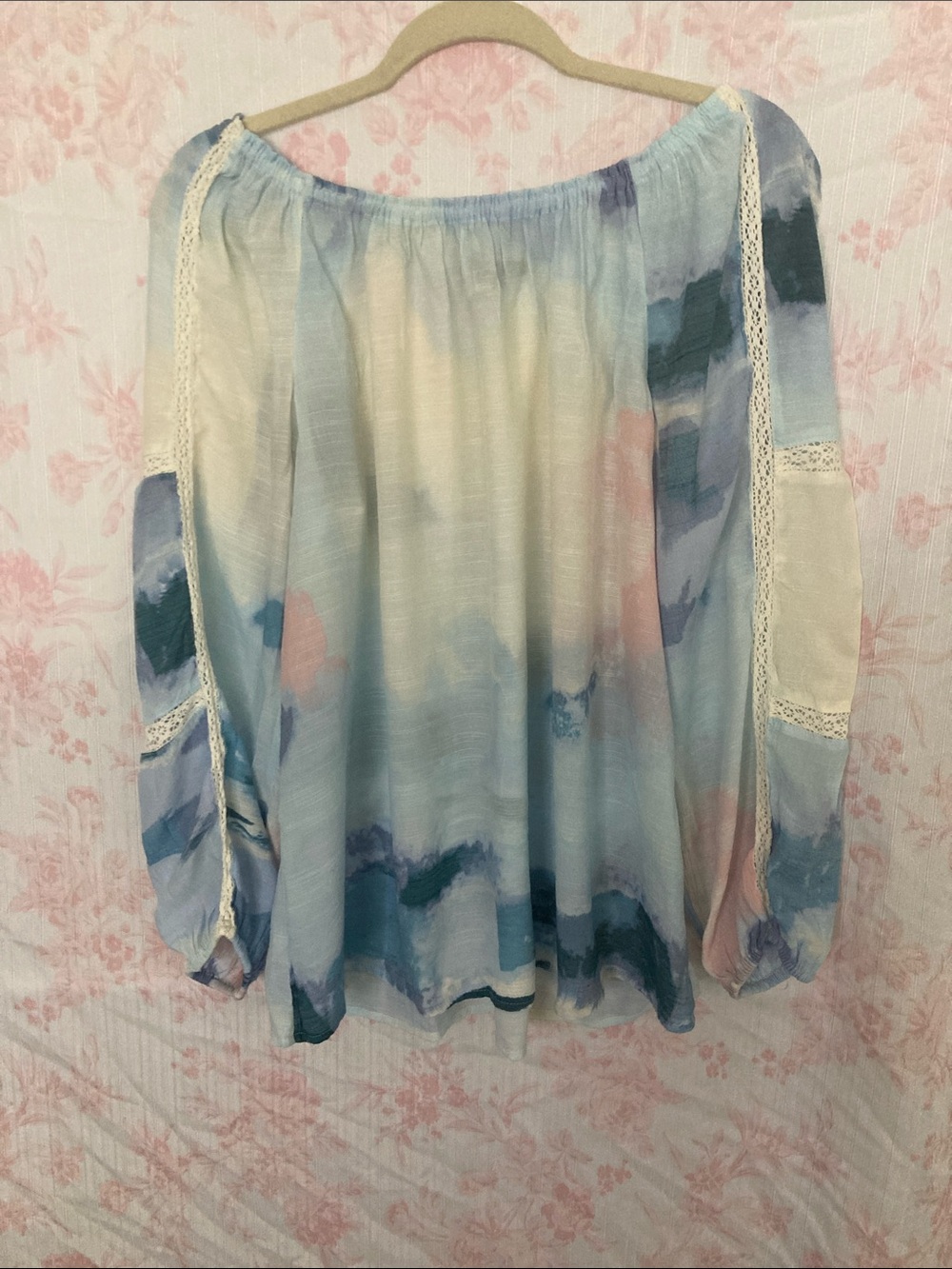 Zac & Rachel Pastel Blue and Pink Watercolor Off-Shoulder Tunic